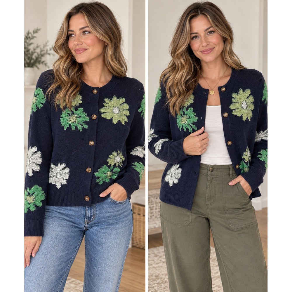 Grace + Karma Navy Floral Button Front Cardigan Sweater NWT Women's XS/S